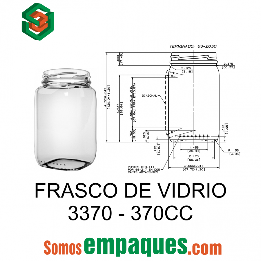 Frasco de Vidrio con tapa 370mL C270 – Caja 25 Unidades