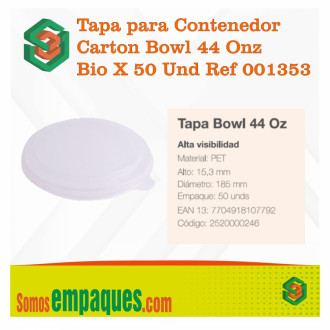 Tapa Plastica Para Contenedor Carton Bowl 44 Onz Bioform X 50 Und